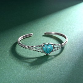 Naxidaze 925 Sterling Silver Real Turquoise Heart Cuff Bracelet - Genuine Turquoise Western Jewelry for Women - Heart Cut-Out Cuff Bracelet