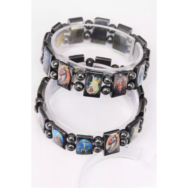Unbranded Jesus and the Saints HEMATITE stone bracelet - stretch