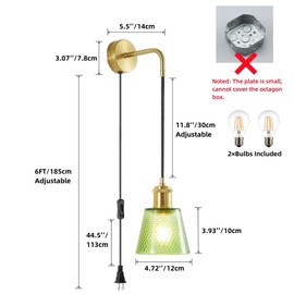 COMPIXIU Wall Sconce Set of 2 with Green Lattice Glass Shade, 6FT Plug in Cord Wall Light with Switch, Non-Hardwired Adjustable Hanging Wall Sconces Decor Bedside Indoor Doorway Hallway Livingroom