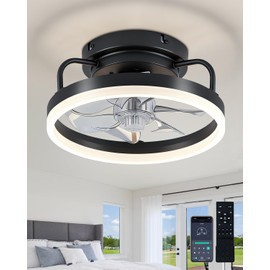 JHSYCH Ceiling Fan with Lights, Low Profile Ceiling Fans with Lights and Remote, Flush Mount LED Fan Light, Modern Bladeless Fandelier for Bedroom Works with APP, 12IN Black