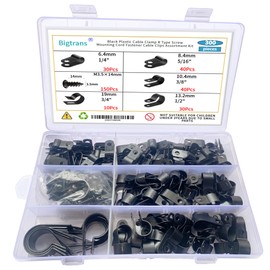 Bigtrans 300 Pcs Nylon Plastic R-Type Wire Clips with Screws 1/4" 5/16" 3/8" 1/2" 3/4" Clamps Fasteners Assortment for Cable Conduit -5 Size -Black