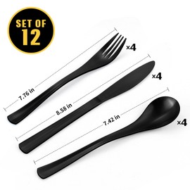 Bysta 12 Piece Black Silverware Set, Knife Fork Spoon Set, Stainless Steel Flatware Cutlery Set, Kitchen Utensil Set Service for 4, Tableware Set for Home and Restaurant, Dishwasher Safe, Satin Finish