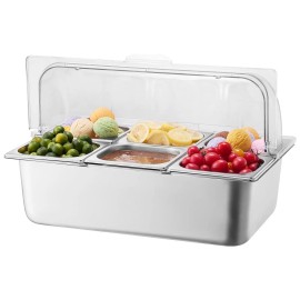 Stainless Steel 6 Pan Countertop Food Serving Tray With Clear Lid For Restaurant Hotel UseNumber of Plates: 6x1/6