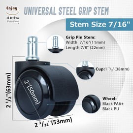Enjoy Caster | 2 Inch Office Chair Casters for Hardwood Floors | Dual Injection Polyurethane Wheels for Floor Protection | Universal Stem Size 7/16" Office Chairs (5007BUB-38)
