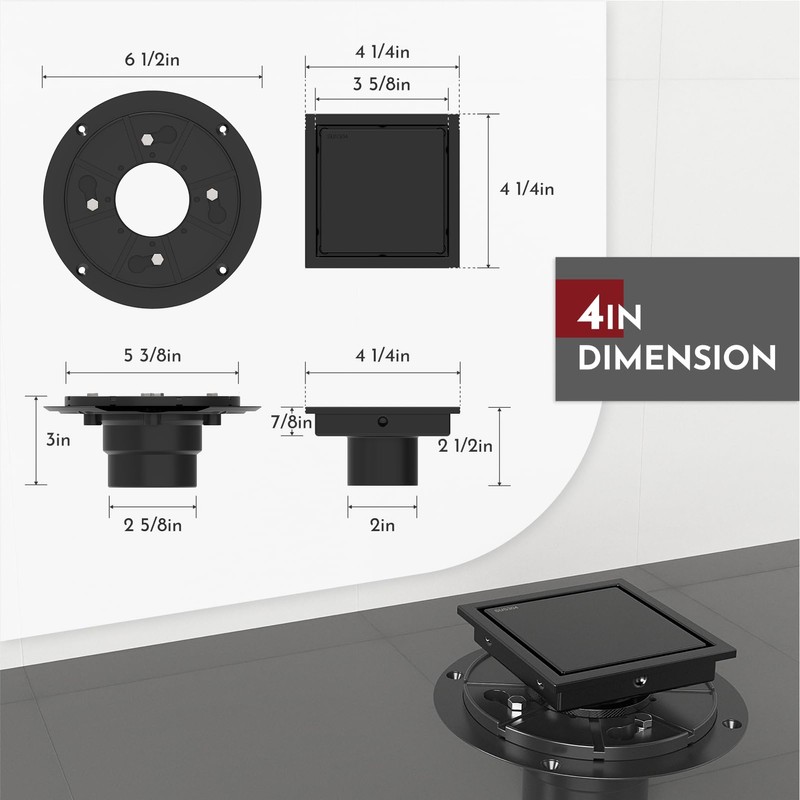 WEBANG 4 Inch Square Shower Drain Black Floor Drain with