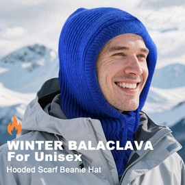 Stilldawn Hooded Scarf Beanie for Women & Men – Balaclava Winter Hat, Knit Skull Cap with Neck Gaiter – Warm Wool Blend Scarf Hat for Cold Weather, Running, Skiing – Adjustable, Unisex (Dark Blue)