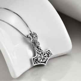 URONE Viking Thor's Hammer Necklace Sterling Silver Celtic Knot with Black Obsidian Mjolnir Nordic Birthday Viking Jewellery Gift for Men