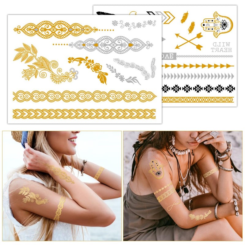 80+ Patterns Gold Festival Tattoos, Metallic Tattoo, Waterproof, Temporary Tattoos