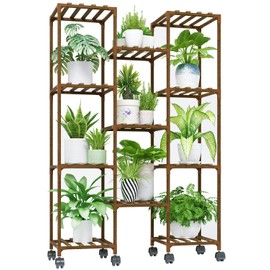 Bamworld Plant Stand With Wheels Indoor Outdoor Wood Plants Shelf for Multiple Plants 11 Pots,Tall Large Flower Holder for Living Room, Patio, Balcony, Garden