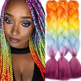 Tess Jumbo Braids, Hair Extensions, 60 cm, Kanekalon Synthetic Hair for Braiding, Box Braids, 100 g/Bundle, Pack of 1, Orange/Yellow/Blue/Red, Ombre