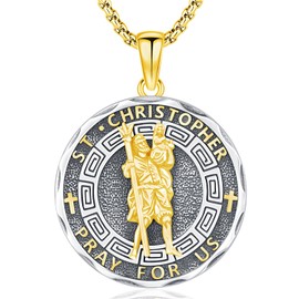 Gold St Christopher Necklace Mens, Saint Christopher Medal Womens Sterling Silver Pendant for Car Religious Amulets Christian Amulet Jewelry Gift