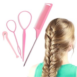 4Pcs Topsy Tail Hair Tool Hair Looping Tool Braiding with Rat Tail Comb, Ponytail Loop Hairs Bands Remover Cutter Fast Hairs Styling Accessories