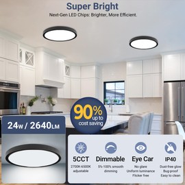 YELIOLED 6 Pack 2640LM LED Flush Mount Ceiling Light Fixture, 12inch 24W Dimmable & 5 CCT Selectable (2700K-6500K), Sleek Modern Ceiling Light for Bedroom Laundry Hallway Kitchen, Black