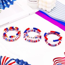 Ronglry 4th of July Bracelets Red White and Blue Bracelets USA Clay Bead Bracelet American Flag Bracelets Patriotic Beaded Stackable Bracelet Summer Beach Heishi Surfer Bracelet Set 4th of july Accessories for Women Men Independence Day Gifts-6PCS