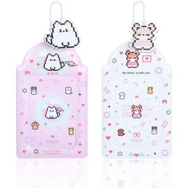 TIESOME 2 Pcs Photocard Holder with Cute Cat Keychain, Y2K Kawaii Photocard Holder Keychain Photo Card PU Leather ID Bus Card Case for Collecting Portable Accessories(Pink)