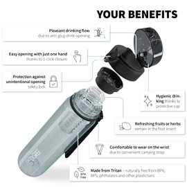 720°DGREE Water Bottle “uberBottle“ - 1 L crystalClear +Fruit-Infuser - BPA-Free Tritan, Leakproof, Reusable Drinking Bottle - Sports Bottle for Gym, Fitness, Cycling, Travel, Kids, School Office