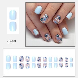 Blue Press on Nails Flower Short Square Fake Nails with Design Floral Glue on Nails Spring Nails Glossy Reusable Daisy False Nails Summer Nails for Women Girls Manicure 24pcs