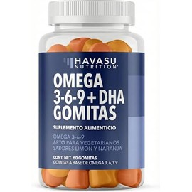 Omega 3-6-9 + DHA Gomitas para Adultos y Niños | Omega 3 Vegano con Chía y Algas | Suplemento Alimenticio de Omegas | Apoyo Cerebral y Articular | Limón y Naranja | 60 Gomitas
