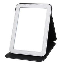 Ximruyuv White Foldable Desk Mirror, 6.5×8.9” Adjustable Angle Rounded Rectangle PU Edge Covering Travel Mirror with Stand (LWhite)
