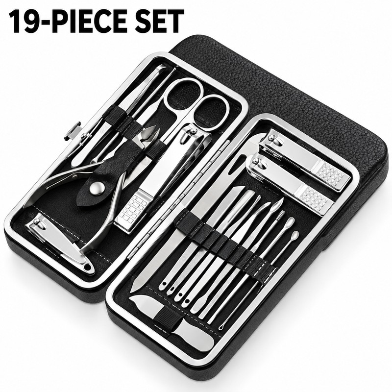 19-Piece Nail Clipper Set with Leather Case – Stainless Steel