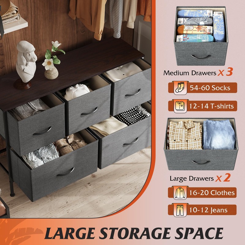 WLIVE Dresser for Bedroom with 5 Drawers, Long Storage Dresser,