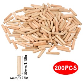 200PCS Dowels Wooden, 6mm x 30mm Wooden Dowel Pins Hardwood Dowels Wood Plugs Twill Fluted Dowel Pins Grooved Dowels Plugs Fluted Pin Wood, for Furniture Woodwork