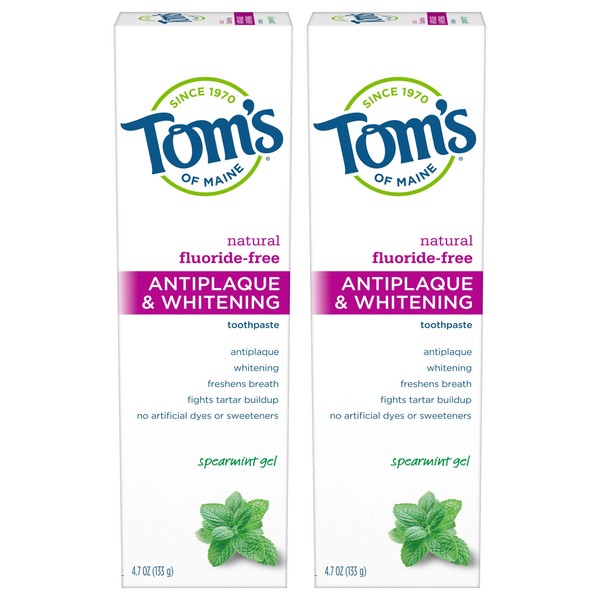 Tom's of Maine FluorideFree Antiplaque & Whitening Natural Toothpaste Spearmint, 9.4 Ounce (Pack of 2)