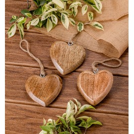 Mie Creations Set of 3 Rustic Wooden Heart Ornaments with Jute Twine, Farmhouse 4 inch Wood Hearts, Mother's Day Decorative, Love Gifts for Him, Her | Hand Carved Wall Hanging Country Decor for Home