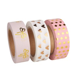 Rayher Hobby Rayher Hobby Rayher 60893000 Washi Tape Set, 3 Rollen á 10 m, 15 mm breit, 3 Designs rosé/gold/weiß gemustert, Papierfolie, Papierband, Klebeband, Dekoband