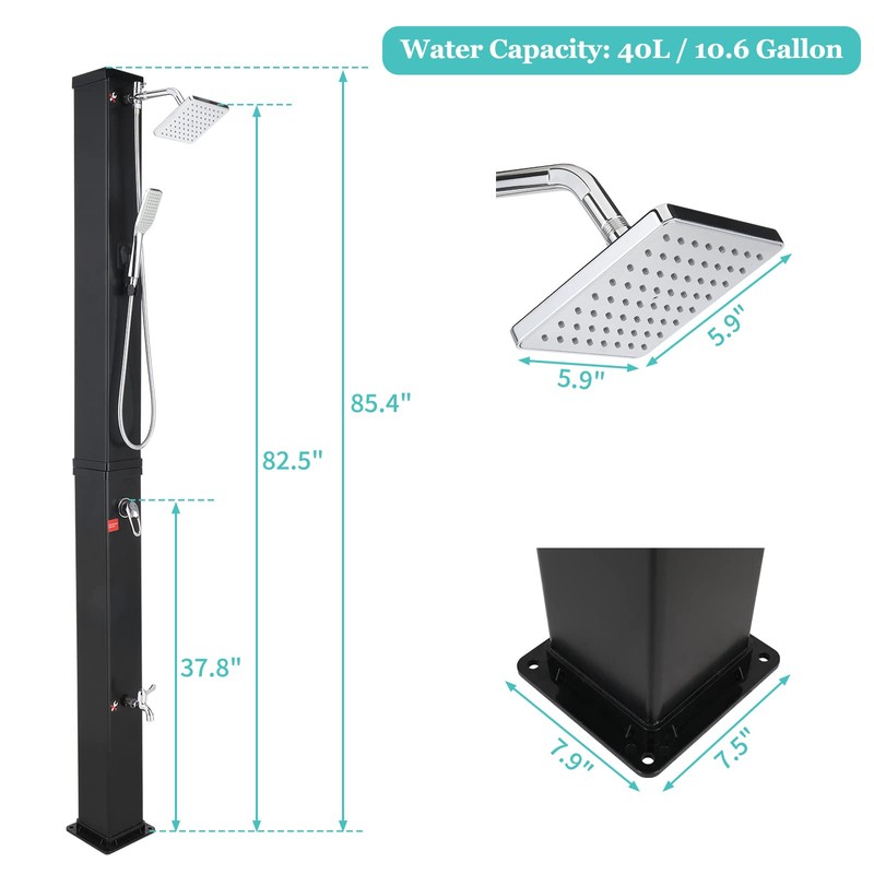 VINGLI 10.6 Gallon 7.5FT Solar Heated Shower with Shower Head,