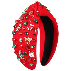 PHALIN Diadema navideña para mujer, accesorios de Navidad, copo de nieve, bastón de caramelo, diadema anudada, color rojo y verde, con abalorio de diamantes de imitación, diadema ancha con nudo superior de Navidad a cuadros (mezcla)