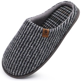 ONCAI Mens Slippers Grey Knit Stripes Memory Foam Mule Slippers Slip On Warm House Indoor/Outdoor Shoes With Anti-skid Sole Size 10