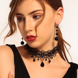 Carufin Black Necklace Hollow out Flower Collar Chain Water Drop Clavicle Choker Necklace Jewelry Adjustable for Women and Girls