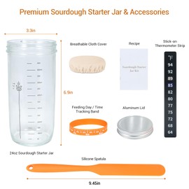 Sourdough Starter Jar Kit, 24oz Wide Mouth Glass Jar with Aluminum Lid, Silicone Scraper, Date Marked Feeding Band, Thermometer, Cloth Cover, Recipes, Sourdough Bread Baking Supplies