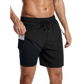 SILKWORLD 7 Inch Swim Trunks for Men Swimsuit with Compression Liner Bathing Suit Quick Dry Swim Shorts with Zipper Side Pockets,Black,Medium