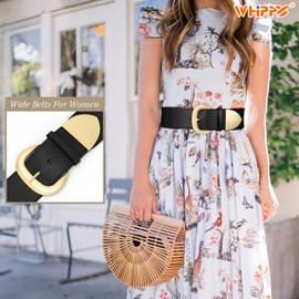 WHIPPY Women Wide Elastic Waist Belt for Dresses Fashion Ladies Stretchy Waistband Thick Leather Waist Belt Gold Buckle, Black 43 Inches