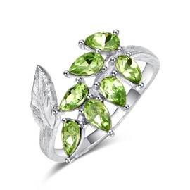 KINGWHYTE Leaf Ring 925 Sterling Silver Peridot Thumb Rings for Women Green Adjustable Finger Ring Eternity Open Peridot Jewellery Birthstone Gifts for Women Girls