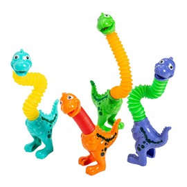 Set of 4 Cute Dinosaur Neck Pull and Pop Snap Animal Expanding Flexible Accordion Tube Toy - Free Play - Open Ended Fidget Toy Dino (Set of All 4 Colors)