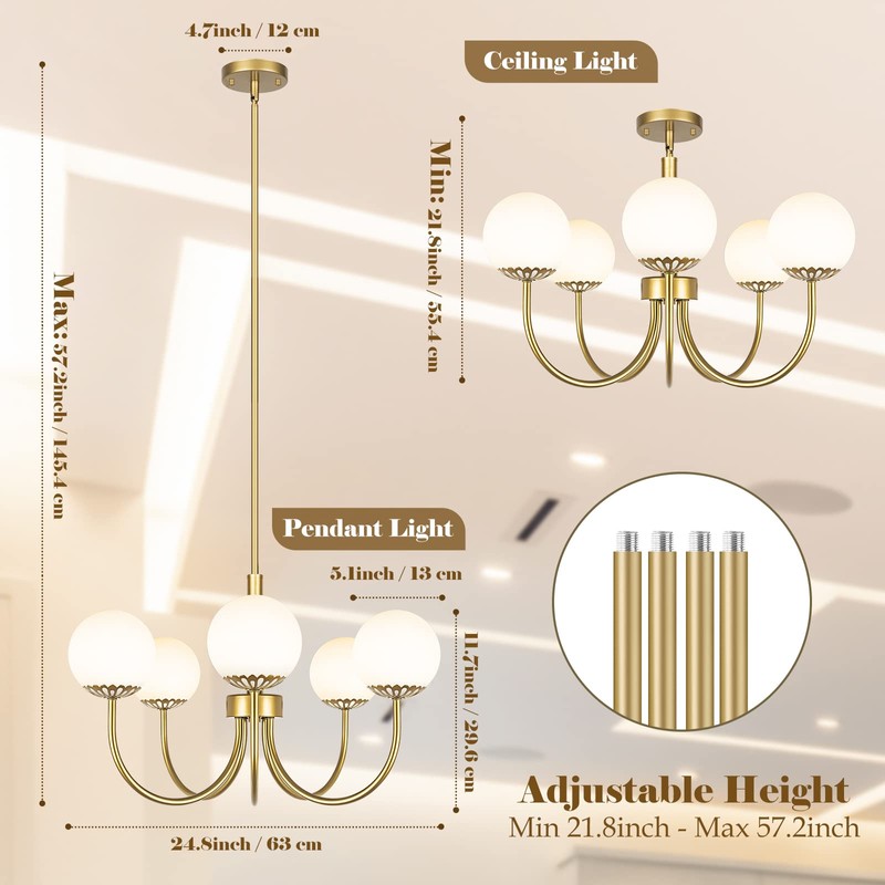 Yolsunes 5-Light Gold Chandelier, Globe Modern Sputnik Light Fixture with