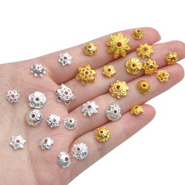 Aylifu Flower Bead Caps, 100 Gram Mixed Metal Flower Bead Caps Tibetan Bead Caps Spacers Bali Style Jewelry Findings Accessories for DIY Bracelet Necklace Crafting, Golden and Silver