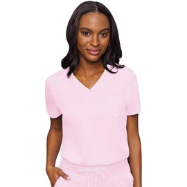 Med Couture Women's V-Neck Scrub Top, Modern Fit Tuck-in Top with Stretchy Rib-Knit Shoulders and Chest Pocket - MC7448, M, Ice Pink