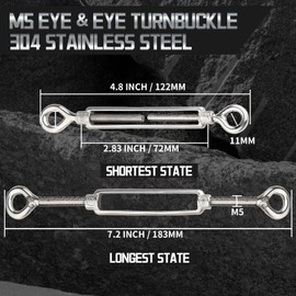Qjaiune 6Pcs M5 Turnbuckle Eye & Eye Turnbuckles, 304 Stainless Steel Turnbuckle Adjustable Wire Rope Tensioner, Heavy Duty Turnbuckle for Cable Wire Rope Tension, Sun Shade, Tent Installation