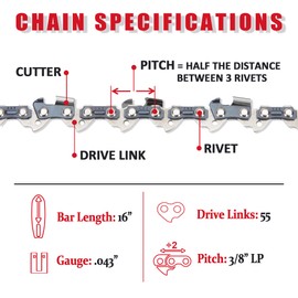 E & S 3 Pack 16 Inch Chainsaw Chain 3/8" LP Pitch .043" Gauge 55 Drive Links Semi-Chisel Chain Saw Chains for Husqvarna, Poulan, Craftsman, Greenworks and More Chainsaw Brands