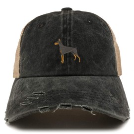 Trendy Apparel Shop Doberman Dog Embroidered Frayed Bill Trucker Mesh Back Cap - Black