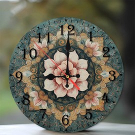 10-Inch Silent Wooden Wall Clock, Floral Clock Face Antique Design ” Silent Non-Ticking Clock, Battery Operated (AA Batteries Not Included), Artistic Home Decor