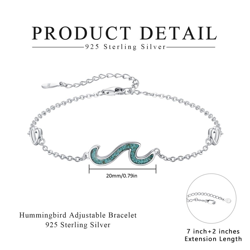 Wave Bracelet 925 Sterling Silver Turquoise Wave Adjustable Bracelet Ocean