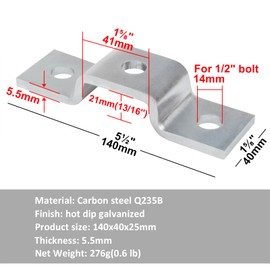 6 Pcs U Shaped Strut Connector Bracket for 13/16" x 1 5/8" Strut Channel, Heavy Duty U-Fitting Cross 3 Hole, Accept ½" Bolt, Hot-Dipped Galvanized, Thickness 5.5mm