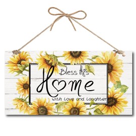 CREATCABIN Bless This Home With Love And Laughter Wood Door Sign Sunflower Inspirational Verse Hanging Sign for Indoor Outdoor Home Backyard Porch Kitchen Garden Farm Decoration Gift 12 x 6 inch