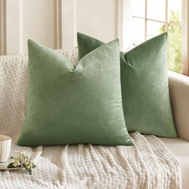 MIULEE Velvet Soft Soild Microfiber Decorative Square Pillow Case Throw Cushion Cover for Sofa Bedroom with Invisible Zipper 20x20 Inch 50x50cm Pea Green Set of 2 Lined