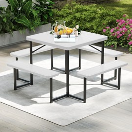 Byroce Outdoor Picnic Table for 4-8 Person, HDPE Picnic Camping Table Set with 4 Benches, Umbrella Hole & Metal Frame, Heavy Duty Square Dining Table Chairs for BBQ in Patio, Yard & Poolside (White)